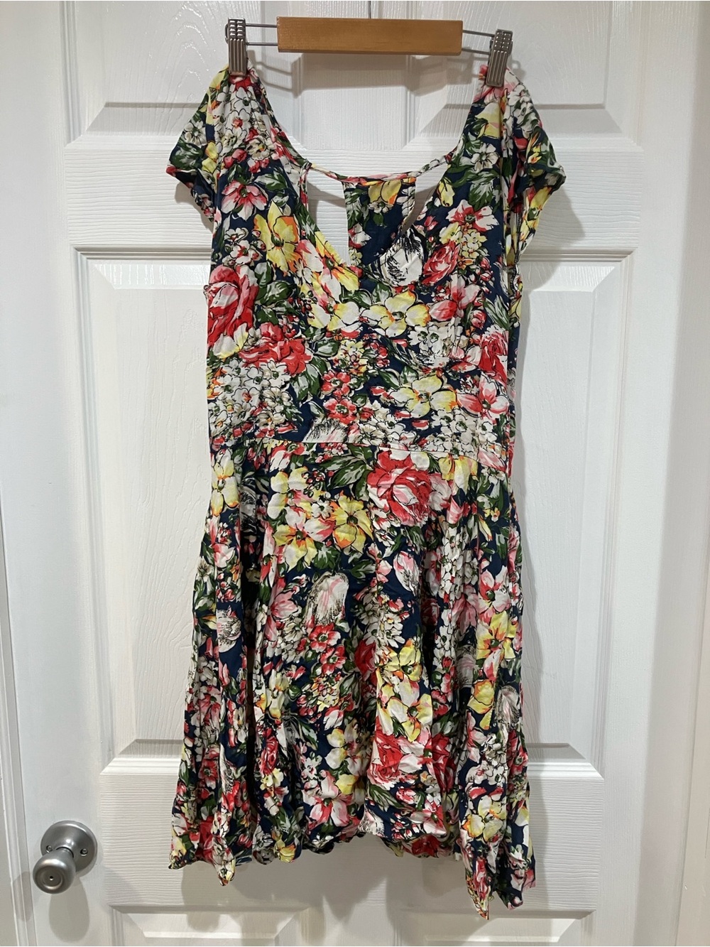 Abercrombie & Fitch Navy Floral Fit-and-Flare Dress with Red & Yellow Blooms